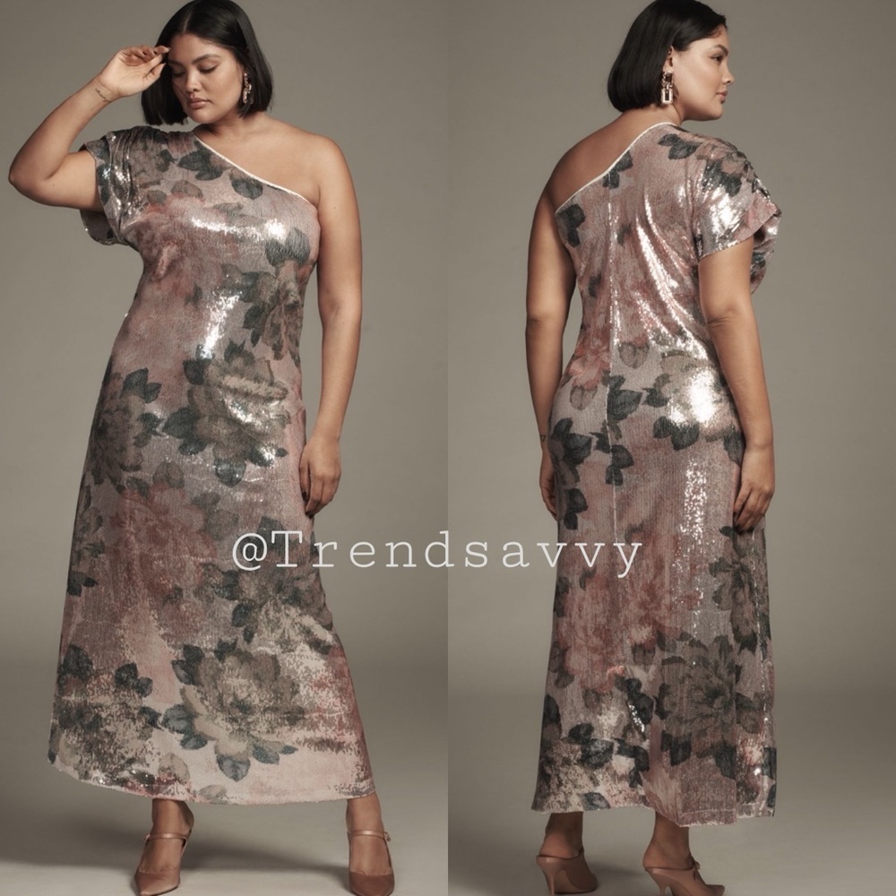 Anthropologie Porridge Floral Sequins One Shoulder Dress 3X Wedding Guest Formal